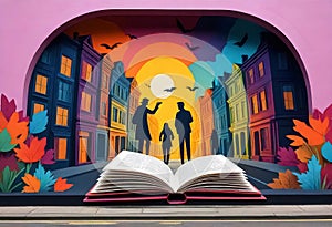 a book is open in front of a colorful mural