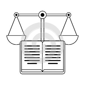 Book open and justice balance symbol in black and white