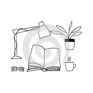 The book is open, a table lamp, glasses, tea, a flower in a pot. reading concept. sketch hand drawn doodle style. vector,