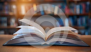 A book is open on a table with a library background