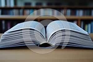 A book is open on a table with a library background