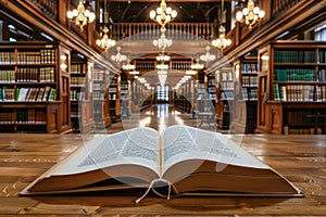 A book is open on a table in a library