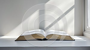 A book open on a white table with sunlight shining through the window, AI