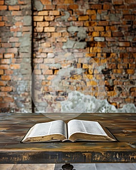 A book is open on a wooden table in front of a brick wall
