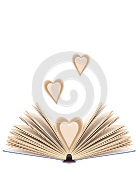 Book with opened pages in shape of heart, with extra heart pages, isolated on white background. Bibliophilia.