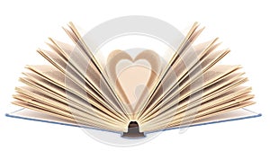 Book with opened pages in shape of heart, isolated on white background. Bibliophilia. photo