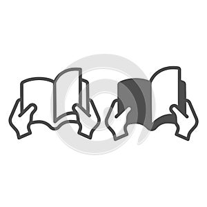 Book with page in hand line and solid icon, children book day concept, page in hand vector sign on white background