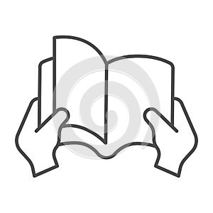 Book with page in hand thin line icon, children book day concept, page in hand vector sign on white background, hold