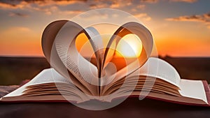 A book page shaped into a heart with a sunset in the background. The book page has some sentences