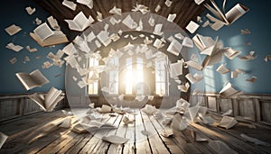 Book Pages Falling around in the empty room