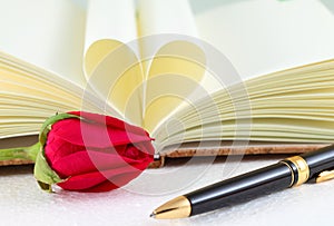 Book pages folded into a heart shape and roses with pen.