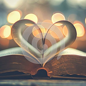 Book pages forming a heart, warm light, selective focus , advertise photo