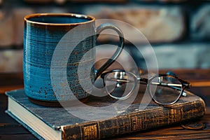 Book, pair of glasses and mug on working desk. Generative AI