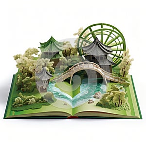 Book with a paper cut out of an asian village