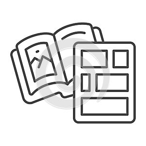 Book with pictures thin line icon, children book day concept, comic strip book with vector sign on white background