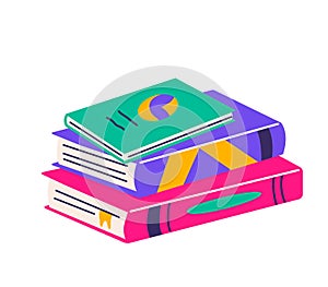 Book pile vector illustration. Stack of books with copybook at the top isolated on a white background. School education photo