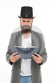 Book of poetry. Bearded man read book. Brutal bookworm isolated on white. Unshaven bibliophile. Reading book. Knowledge