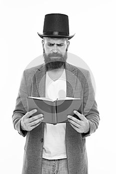 Book of poetry. Bearded man read book. Brutal bookworm isolated on white. Unshaven bibliophile. Reading book. Knowledge