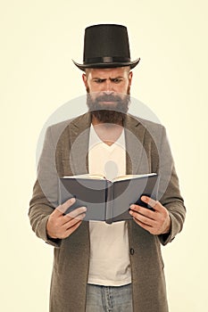 Book of poetry. Bearded man read book. Brutal bookworm isolated on white. Unshaven bibliophile. Reading book. Knowledge
