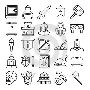 Book, poison, dagger, banner, hammer, decapitate, castle icons set. Vector minimalistic illustrations pack