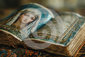 A book with prayers and a picture of the Virgin Mary on an open page