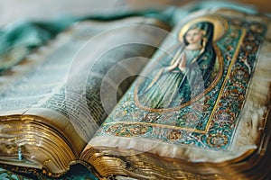 A book with prayers and a picture of the Virgin Mary on an open page