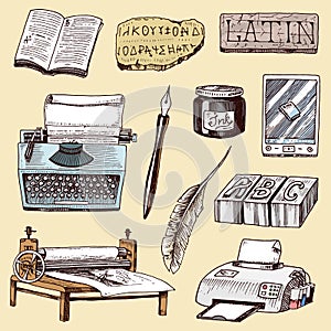 Book-printing typography publishing-house history hand drawn typewriter work industry tools vector illustration.