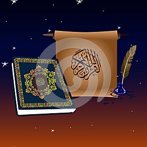 Book of quran and scroll in the night sky with stars and the month.