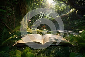 Book in the rainforest. AI generative