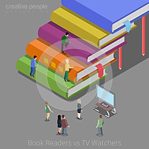 Book readers and TV watchers auditory concept. Fla