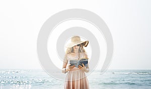 Book Reading Living Woman Chill Calm Beach Concept photo