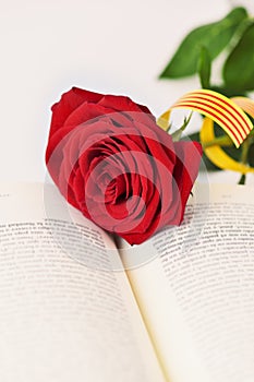 Book, red rose and catalan flag