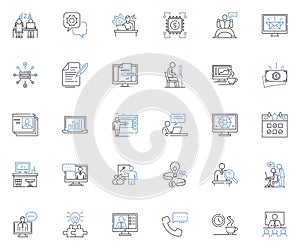 Book release line icons collection. Publishing, Launch, Debut, Release, Unveiling, Introduction, Arrival vector and photo