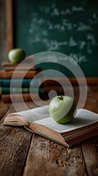 book resting front of a chalkboard