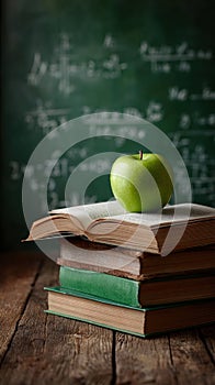 book resting front of a chalkboard