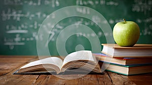 book resting front of a chalkboard