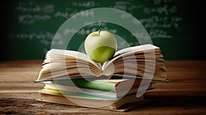 book resting front of a chalkboard