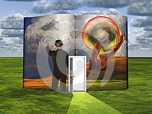 Book with science fiction scene and open door