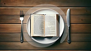 book served on an empty plate, flanked by a fork and knife, presenting reading as essential sustenance for the intellect