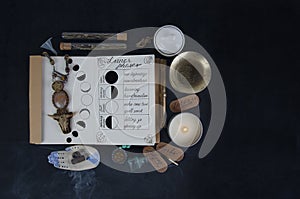 Book of Shadows with lunar phases on black altar.