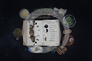 Book of Shadows with lunar phases on black altar.