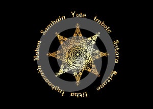 Book of Shadows Wheel of the Year Modern Paganism Wicca. Gold Wiccan calendar and holidays. Golden luxury Compass