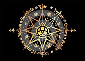 Book Of Shadows Wheel Of The Year Modern Paganism Wicca. Wiccan calendar and holidays. Compass with in the middle Triquetra symbol