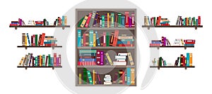 Book on shelf. Bookshelf with books in library. Bookcase with literature in school for education. Bookstore or office with