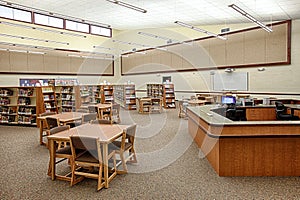 Book shelves in a modern school library.