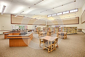 Book shelves in a modern school library.