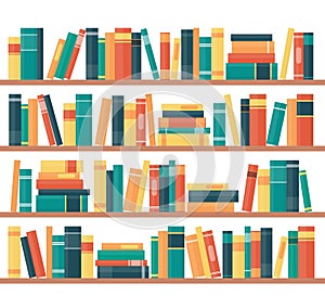 Book shelves with multicolored book spines. Books on a shelf. Vector illustration in flat style