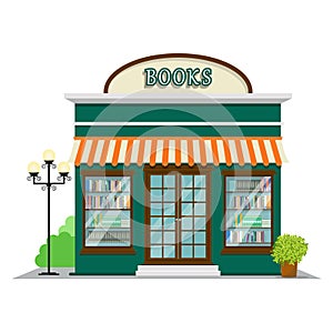 Book shop. Bookstore in the flat style design. Shop building icon vector illustration.