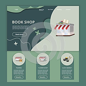 Book shop flat landing page website template. Pizzeria, flower shop, sushi market. Web banner with header, content and