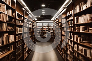 Book Shop. Library with books. Books in a bookstore. Book shelves. Selective focus. AI generated